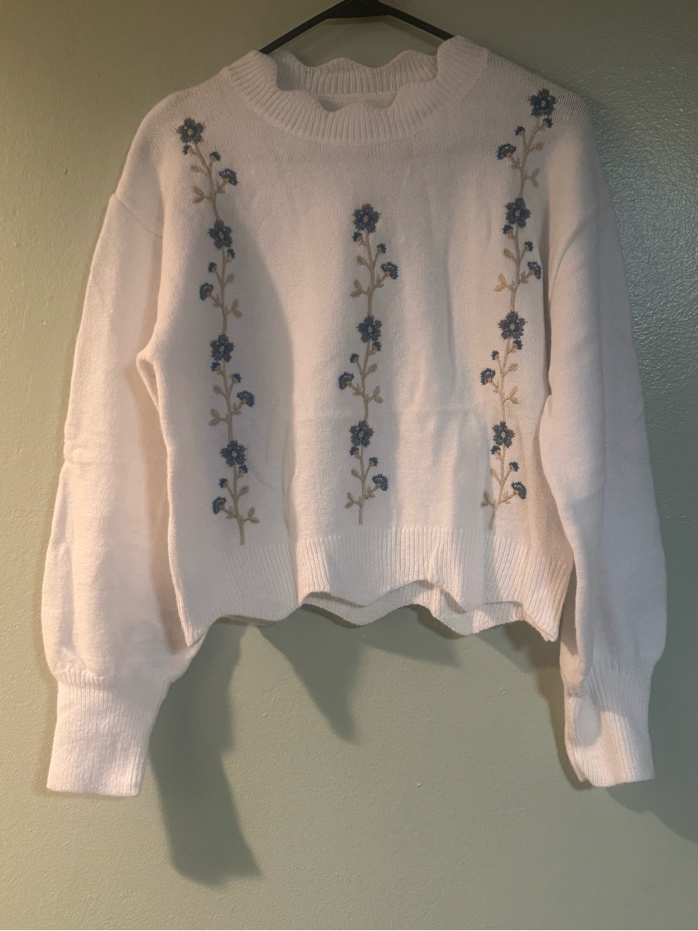 White Floral Embroidered Crewneck Sweater